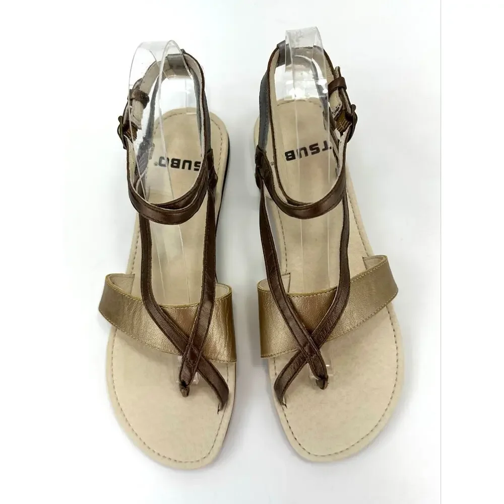 Tsubo Brenleigh Strappy Flat Sandal Size 7.5/38.5 Bronze/Gold/Silver Leather New